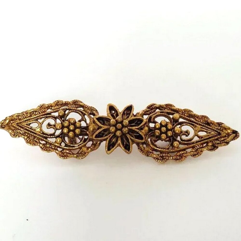 Antiqued Gold Tone Filigree Paisley & Flower Collar Brooch 2.25"